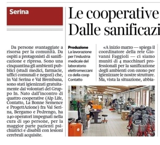 Corriere della Sera: “Serina, le cooperative sociali si trasformano: dalle sanificazioni alle mascherine”